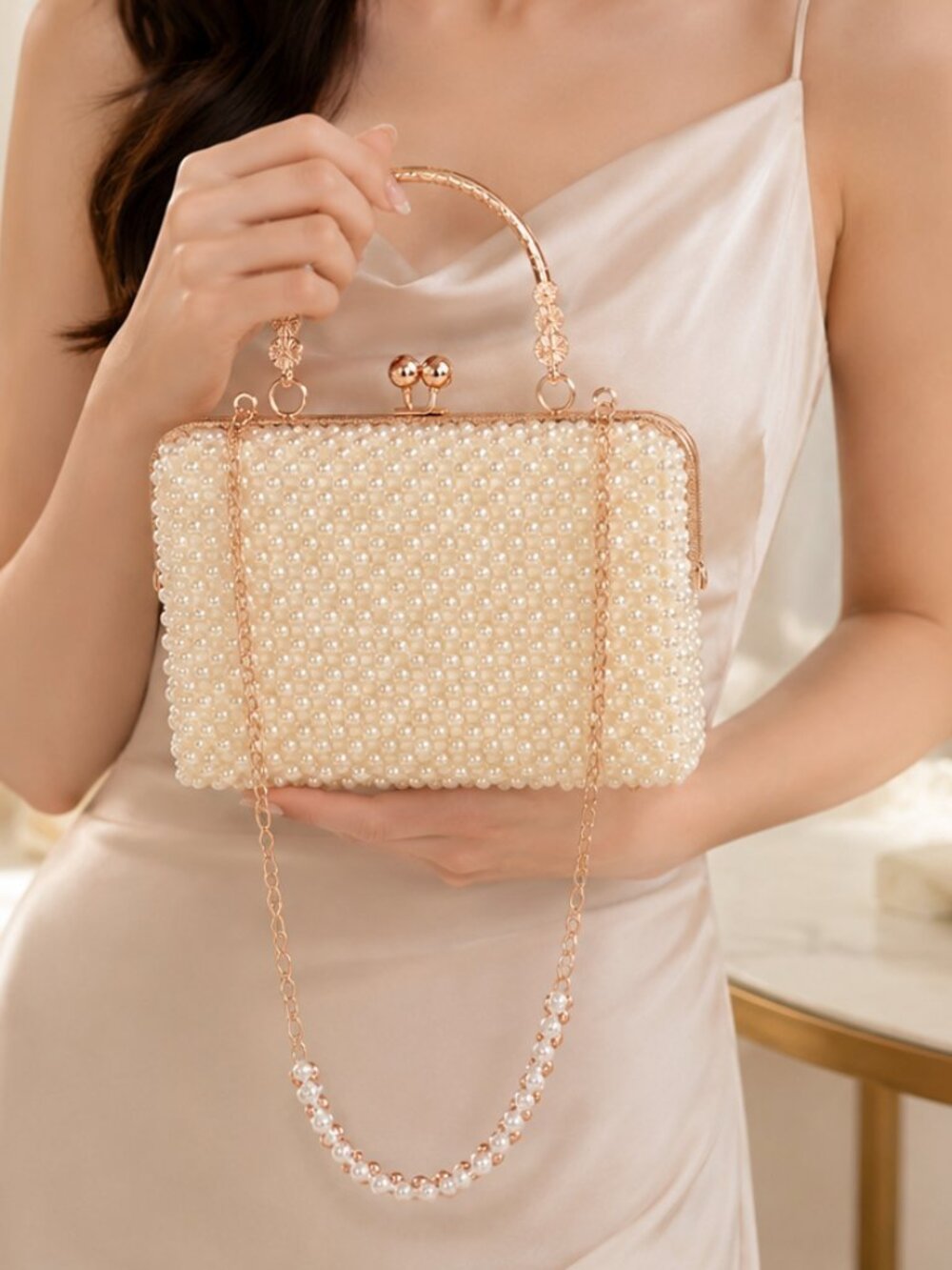 Handmade Pearl Beaded Evening Clutch Purse Bridal Wedding Party Bag